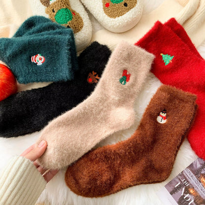 (5 TANE RENKLI 11.96$) Pairs Women'S Xmas Socks Winter Fleece Thermal Mid-Calf Embroidery Snowman Santa Claus Christmas Gift Socks