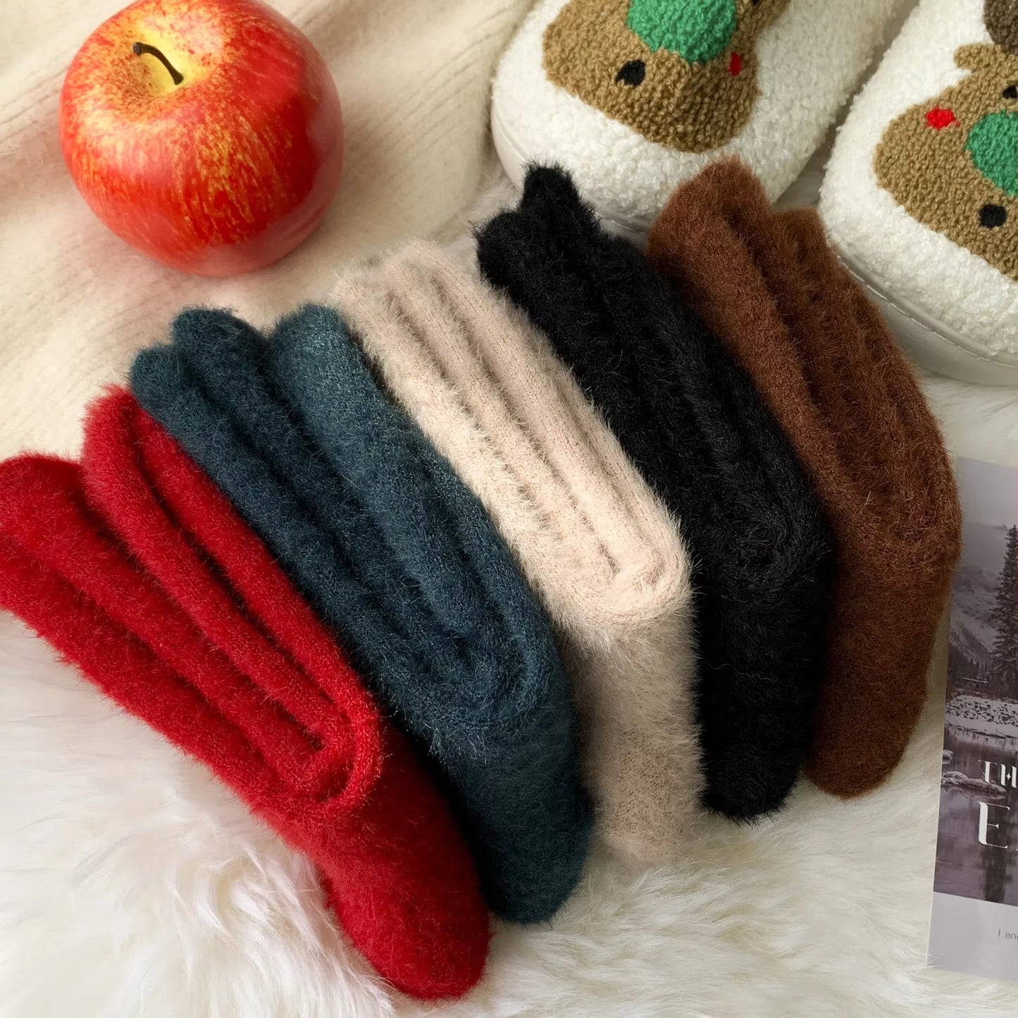 (5 TANE RENKLI 11.96$) Pairs Women'S Xmas Socks Winter Fleece Thermal Mid-Calf Embroidery Snowman Santa Claus Christmas Gift Socks