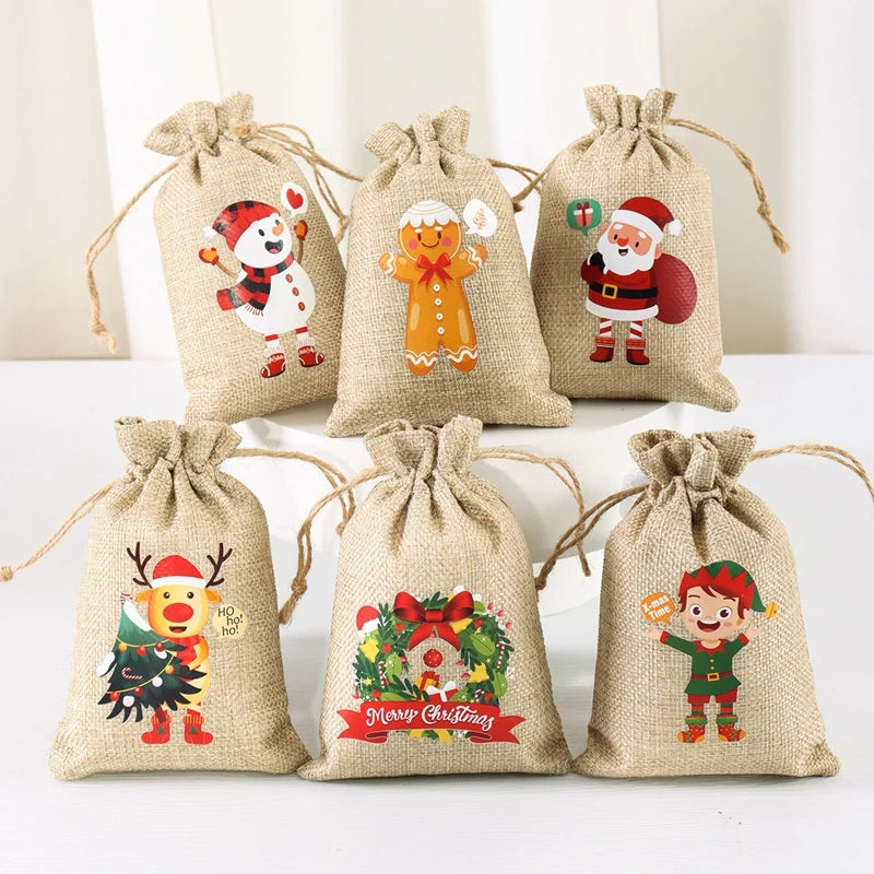  Linen Cotton Gifts Candy Bag Merry Christmas Decor - 6Pcs