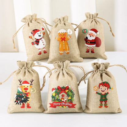  Linen Cotton Gifts Candy Bag Merry Christmas Decor - 6Pcs