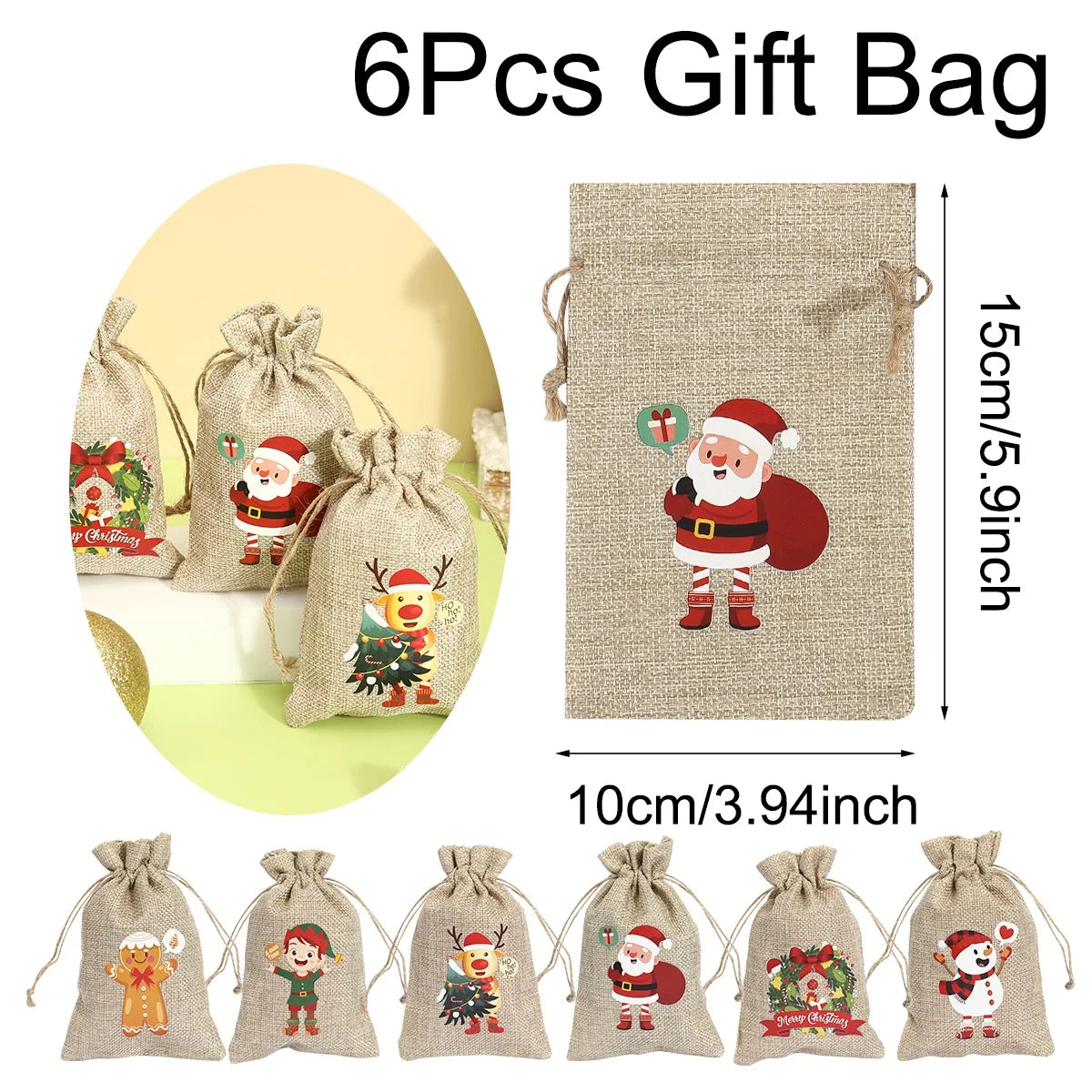  Linen Cotton Gifts Candy Bag Merry Christmas Decor - 6Pcs