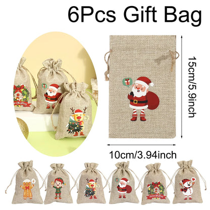  Linen Cotton Gifts Candy Bag Merry Christmas Decor - 6Pcs