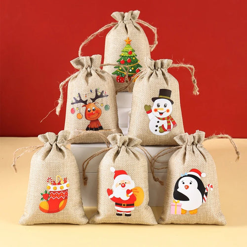  Linen Cotton Gifts Candy Bag Merry Christmas Decor - 6Pcs