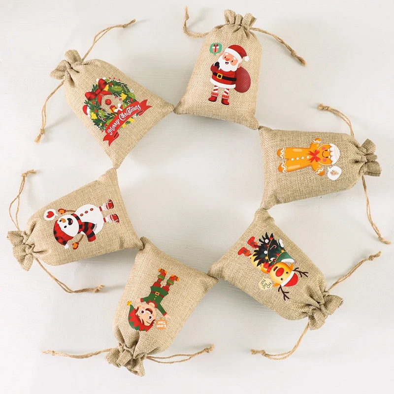  Linen Cotton Gifts Candy Bag Merry Christmas Decor - 6Pcs