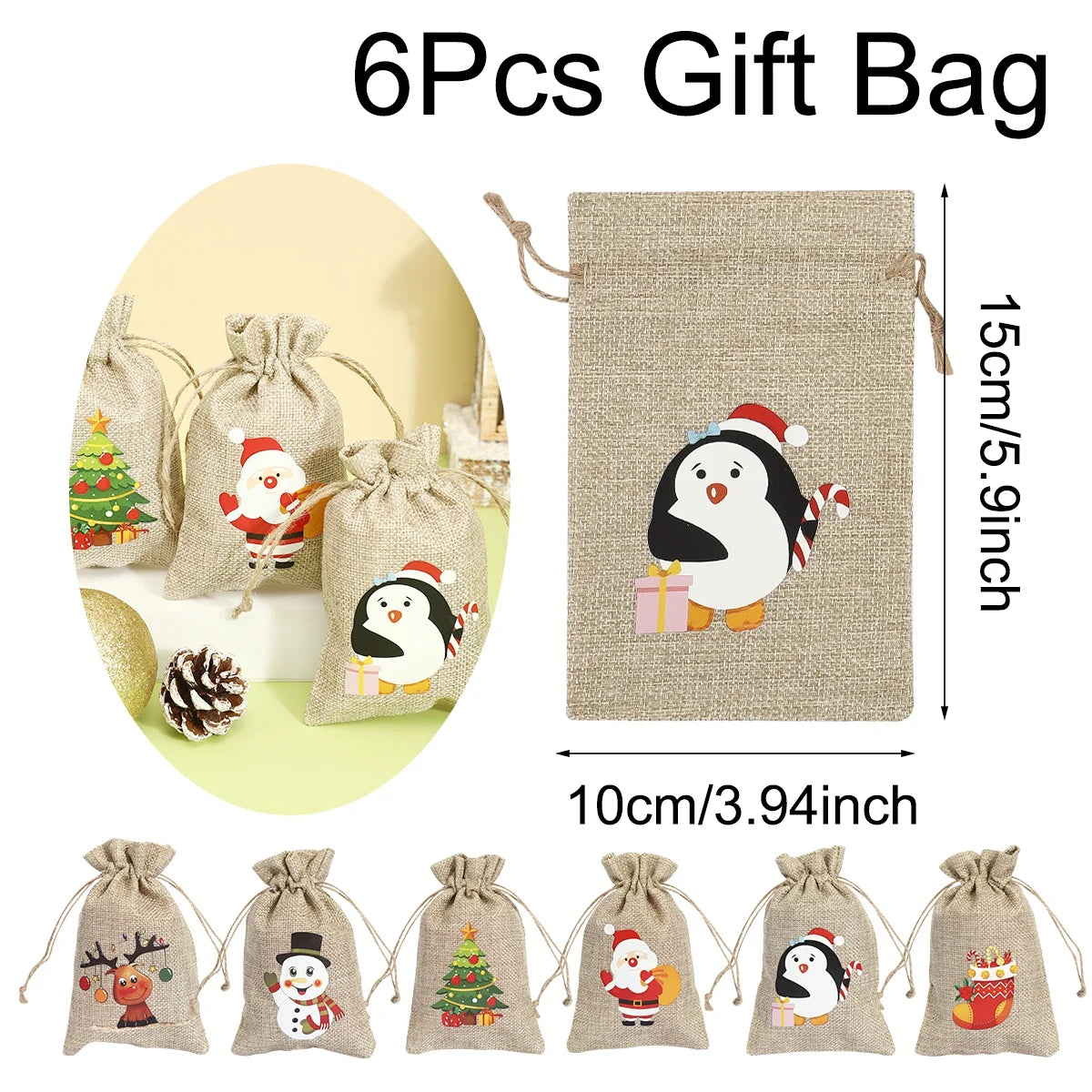  Linen Cotton Gifts Candy Bag Merry Christmas Decor - 6Pcs