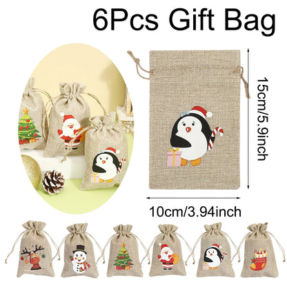  Linen Cotton Gifts Candy Bag Merry Christmas Decor - 6Pcs