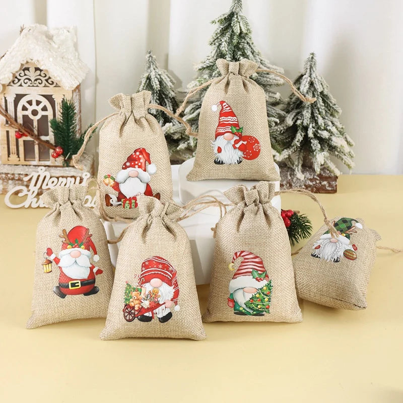  Linen Cotton Gifts Candy Bag Merry Christmas Decor - 6Pcs