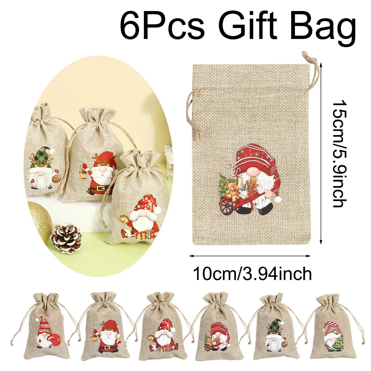  Linen Cotton Gifts Candy Bag Merry Christmas Decor - 6Pcs