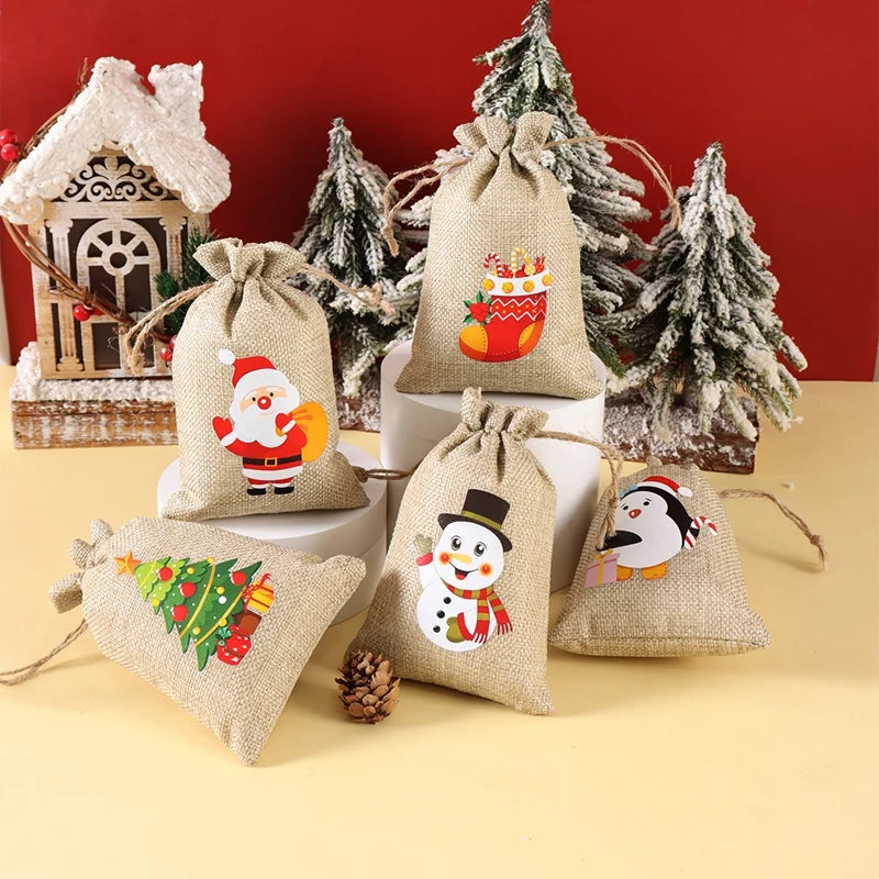  Linen Cotton Gifts Candy Bag Merry Christmas Decor - 6Pcs