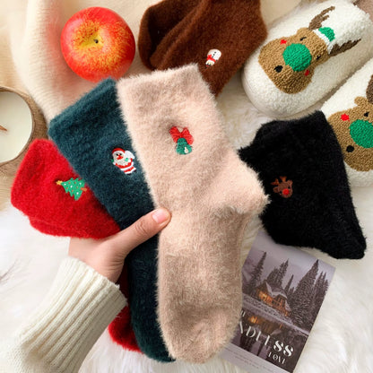 (5 TANE RENKLI 11.96$) Pairs Women'S Xmas Socks Winter Fleece Thermal Mid-Calf Embroidery Snowman Santa Claus Christmas Gift Socks