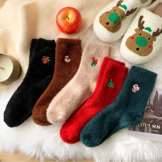 (5 TANE RENKLI 11.96$) Pairs Women'S Xmas Socks Winter Fleece Thermal Mid-Calf Embroidery Snowman Santa Claus Christmas Gift Socks