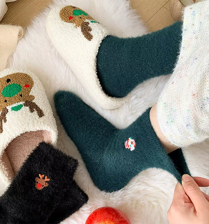 (5 TANE RENKLI 11.96$) Pairs Women'S Xmas Socks Winter Fleece Thermal Mid-Calf Embroidery Snowman Santa Claus Christmas Gift Socks
